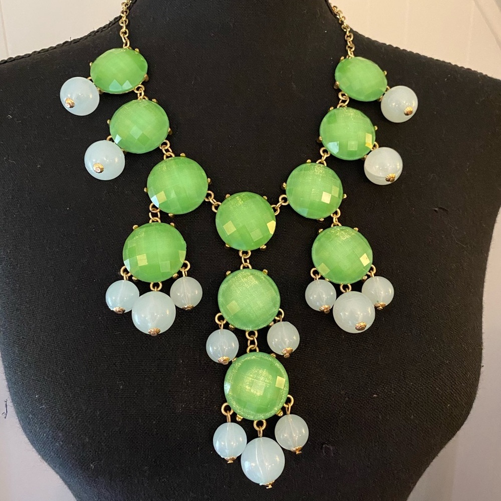 Chunky Green & Blue Bib Bubble Statement Necklace 19” + 2.5” Ext, Gold Tone